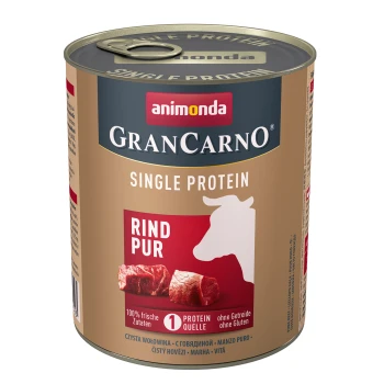 Nourriture pour animaux en conserve "GranCarno Single Protein Rind Pur" avec du bœuf frais, silhouette de vache, et étiquettes pour 100 % d'ingrédients frais, sans gluten.