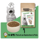 DOGS'n TIGER 'Wiesenduo' Katzenfutterbeutel (Kaninchen & Pute), gähnende Katzenillustration, Futterschüssel und sichtbarer Text 'Mit 69% Fleisch'.