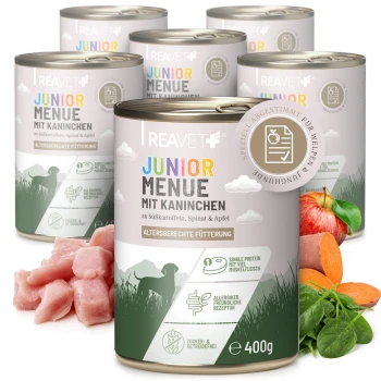 Dosen des REAVET+ Junior-Menüs (mit Kaninchen) 400 g, mit Süßkartoffel, Spinat, Apfel und Welpensilhouette