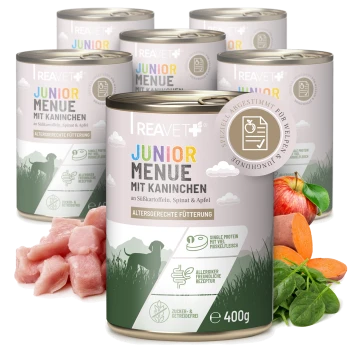 Dosen des REAVET+ Junior-Menüs (mit Kaninchen) 400 g, mit Süßkartoffel, Spinat, Apfel und Welpensilhouette