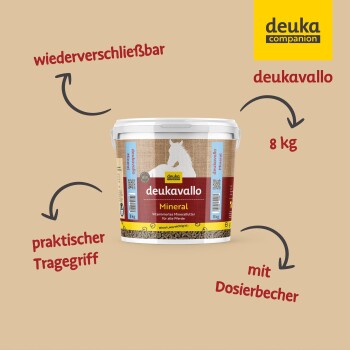 Behälter mit Deukavallo Mineralfutter für Pferde, 8 kg, mit praktischem Griff und Messbecher, beschriftet auf Deutsch.