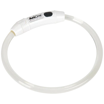 Lumière de collier de chien AniOne LED, avec un design circulaire blanc et un bouton d'alimentation, idéale pour la visibilité nocturne.