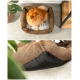 Ein flauschiger orangefarbener Pomeranian sitzt bequem in einem braunen Haustierbett mit einer grauen Decke darin, umgeben von einer Pflanze und Möbeln.