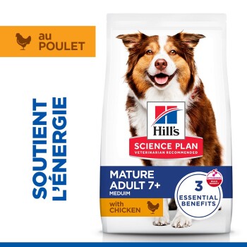 Nourriture pour chien Hill's Science Plan Mature Adult 7+ Medium au poulet, soutient l'énergie, 3 bienfaits essentiels.
