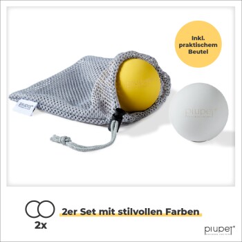 Eine graue Netztragetasche hält einen gelb-weißen "plupet" Ball. Text: "2er Set mit stilvollen Farben" und "Inkl. praktischem Beutel."