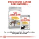 Emballage de nourriture pour chien Royal Canin Dermacomfort, présentant un grand sac étiqueté "MAXI" et un petit sachet étiqueté "ALL SIZES," avec une silhouette de chien.