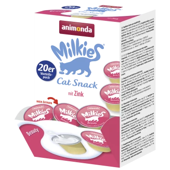 Animonda Milkies Katzensnack-Box (20er Vorteilspack) mit pinken 'Milkies'-Bechern, Aufschriften 'mit Zink' und 'Beauty'.