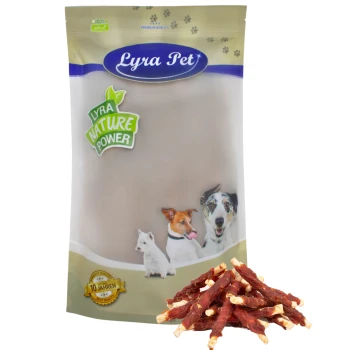 Kaurollen m. Entenbruststreifen 1 kg Lyra Hundesnacks Verpackung: beiger Beutel mit grünem "Lyra Nature Power" Etikett, mit einem Hund, einer Katze und Snacks vorne.