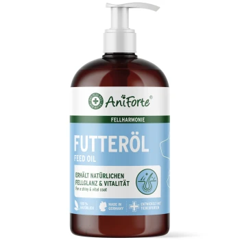 AniForte Futteröl-Pumpflasche, blaues Etikett 'Fellharmonie' mit dem Text 'Für ein glänzendes und vitales Fell'.
