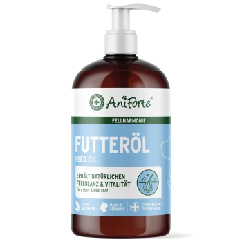 AniForte Futteröl-Pumpflasche, blaues Etikett 'Fellharmonie' mit dem Text 'Für ein glänzendes und vitales Fell'.