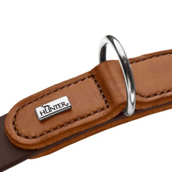 Nahaufnahme eines braunen Lederhalsbands mit silbernem D-Ring und Metallplakette mit der Aufschrift „HUNTER“.