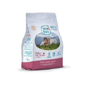 Hundefutterverpackung mit der Aufschrift "Swiss Natural", die "ADULT mini" mit 72% Huhn, ernährungsphysiologischen Angaben und einem malerischen Bild eines Hundes und seines Besitzers zeigt.