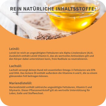 Bild mit einer Schüssel Öl und Leinsamen, mit Text, der natürliche Zutaten für die Gesundheit von Haustieren beschreibt: Leinsamenöl, Lachsöl und Mariendistelöl.