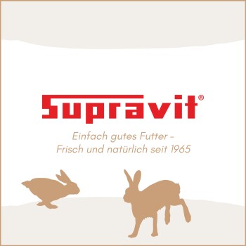 Supravit-Tierfutter-Logo mit deutschem Text „Einfach gutes Futter – Frisch und natürlich seit 1965“ und Silhouetten von zwei Kaninchen.