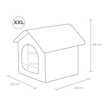 Illustration eines "XXL" Haustierhauses (60x55x60 cm) mit einem vorderen Eingang von 30x33 cm.