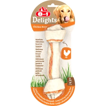 8in1 Delights Kość z kurczaka dla psów, z kością wypełnioną piersią z kurczaka. Tekst zawiera "Długotrwała zabawa w żucie" i rozmiar L.