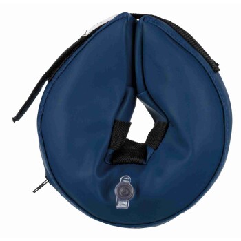 Blue inflatable pet recovery collar with central neck hole, black straps, Velcro closure and air inflation valve.