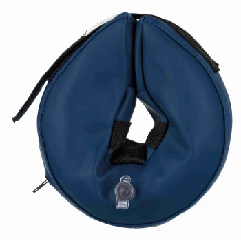 Blue inflatable pet recovery collar with central neck hole, black straps, Velcro closure and air inflation valve.
