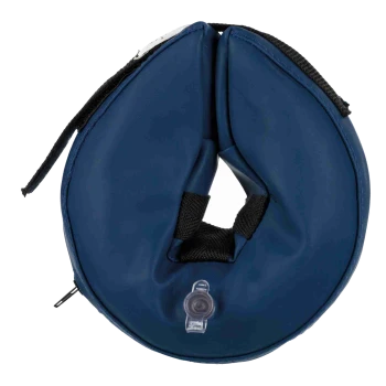 Blue inflatable pet recovery collar with central neck hole, black straps, Velcro closure and air inflation valve.