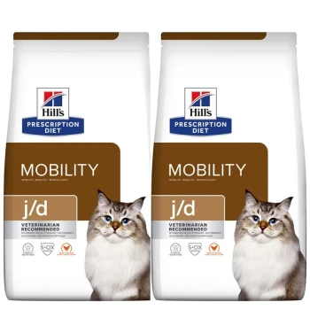 Twee zakken Hill's Prescription Diet kattenvoer gelabeld "Mobility j/d," met een kattenafbeelding, met de tekst "Veterinair Aanbevolen."