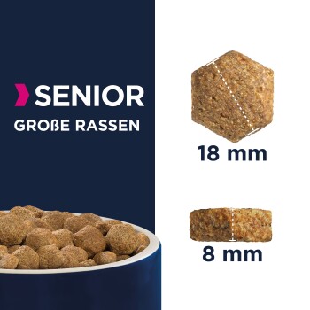 Senioren-Hundefutter für große Rassen, mit Kibble-Größen von 18 mm und 8 mm, in einer Schüssel mit dunklem Hintergrund präsentiert.