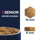 Senioren-Hundefutter für große Rassen, mit Kibble-Größen von 18 mm und 8 mm, in einer Schüssel mit dunklem Hintergrund präsentiert.