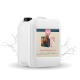 Weißer Behälter mit 'nimo! Pferde Shampoo' für Pferde, mit Bildern von Pferden und einer rosa Shampoo-Textur, mit Wasserspritzeneffekt.