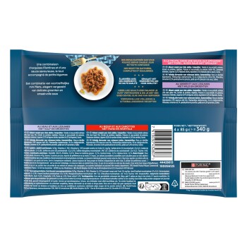Dos du paquet d'aliment pour animaux montrant assiette de truite en sauce aux épinards, texte visible «À LA TRUITE...» et poids «4×85 g = 340 g»