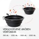 Zwei zusammenklappbare schwarze Tiernäpfe auf einem hellen Hintergrund, mit Größenoptionen: 350 ML, 1000 ML, 1500 ML, 2000 ML.