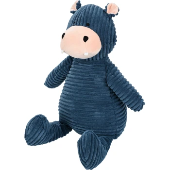 Ein plüschiges, blaues Nilpferdspielzeug mit einer weichen, gerippten Textur, mit einer hellrosa Schnauze und kleinen Ohren, das aufrecht sitzt.