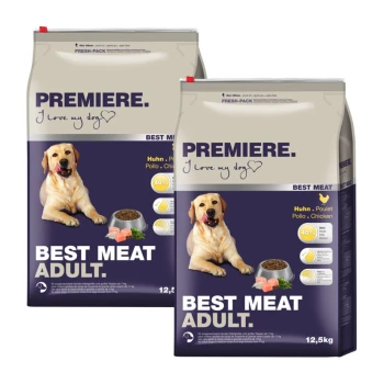 Zwei 12,5 kg Säcke Premiere Hundefutter, beschriftet mit "Best Meat Adult", das Huhn als Hauptzutat und 40% Protein hervorhebt.