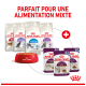 Image des produits alimentaires pour chats Royal Canin : sacs de nourriture sèche (Fit, Stérilisé, Intérieur, Sensible) et sachets humides Sensory, plus un bol rempli de croquettes.
