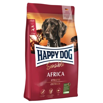 Happy Dog Sensible Africa Hundefutterbeutel mit einem großen Hund auf der Vorderseite, beschriftet mit 'Strauss' und 'Ostrich', 11kg Größe.