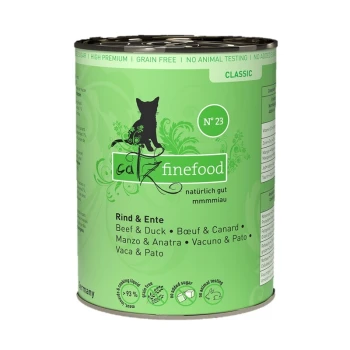 Grüne Dose von Catz Finefood, beschriftet mit "N° 23", mit Rind- und Entenbestandteilen, mit Text, der anzeigt, dass es getreidefrei und ohne Tierversuche ist.