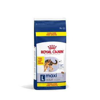 Torba z karmą dla psów Royal Canin Maxi Adult, 18 kg, z obrazkiem psa, z tekstem podkreślającym "15 KG + 3 KG GRATIS" oraz "Zdrowie trawienne."
