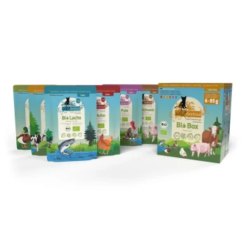 Bunte organische Haustierfutterbeutel mit Lachs, Huhn, Truthahn und Schwein, in einer "Bio Box" mit sechs 85g Portionen.