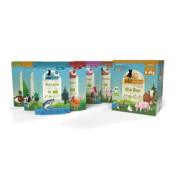 Bunte organische Haustierfutterbeutel mit Lachs, Huhn, Truthahn und Schwein, in einer "Bio Box" mit sechs 85g Portionen.