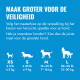 Nederlandse maatgrafiek voor hondenspeelgoed met silhouetten, koptekst 'Maak groter voor de veiligheid', toont XS/S/M/L gewichtscategorieën in lb/kg