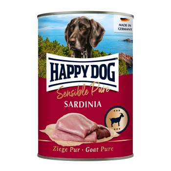 Eine Dose Happy Dog Sensible Pure Sardinia Haustierfutter mit einem braunen Hund auf dem Etikett, mit Bildern von Fleisch und einem Ziegen-Icon.