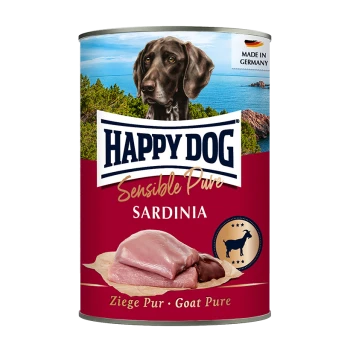 Eine Dose Happy Dog Sensible Pure Sardinia Haustierfutter mit einem braunen Hund auf dem Etikett, mit Bildern von Fleisch und einem Ziegen-Icon.