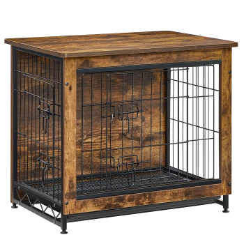 Holz-Haustierkäfig mit einem schwarzen Metallrahmen, ausgestattet mit zwei Fächern und einer flachen Oberseite.