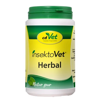 Behälter von cdVet InsektoVet Herbal mit einem gelben Etikett und grünen Akzenten, das natürliche Gesundheit für Haustiere fördert.
