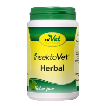 Behälter von cdVet InsektoVet Herbal mit einem gelben Etikett und grünen Akzenten, das natürliche Gesundheit für Haustiere fördert.