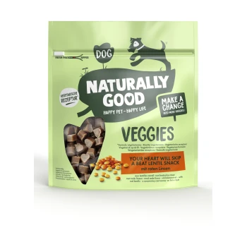 Veggies Trainingssnack Herzen mit roten Linsen 200g Grüne Verpackung für vegetarische Hundeleckerlis mit der Aufschrift "Natürlich Gut" und herzförmigen Snacks sowie Text, der Linsenbestandteile bewirbt.