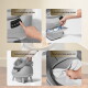 Graue automatische Katzentoilette mit Katze; zeigt Knopf, herausziehbare Schublade und entnehmbare Matte. Text: Katzenstreu per Knopfdruck entleeren