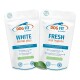 Zwei weiße Dog Fit by PreThis-Beutel mit den Aufschriften 'WHITE dental plus' und 'FRESH oral hygiene' mit einem grünen Blatt davor.
