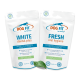 Zwei weiße Dog Fit by PreThis-Beutel mit den Aufschriften 'WHITE dental plus' und 'FRESH oral hygiene' mit einem grünen Blatt davor.