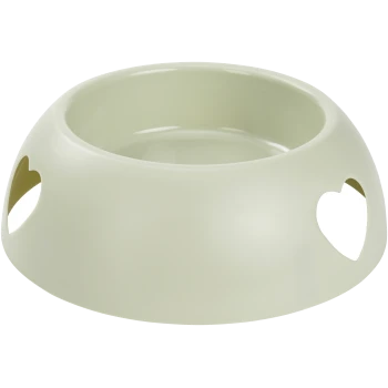 Light green pet food bowl with heart-shaped cutouts on the sides, designed for easy handling.