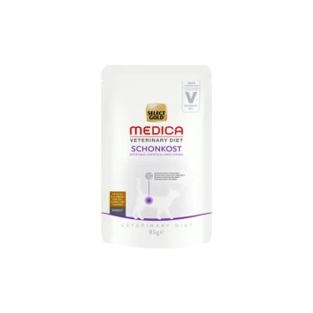 Pochette de Select Gold Medica Veterinary Diet Schonkost pour animaux, étiquetée comme aliment complet diététique, 85g, avec une silhouette de chat.
