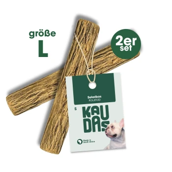 Sekelbos Kaustange 2xL, 2x Zwei Kaustangen mit der Bezeichnung "Sekelbos Kaustab" in Größe L, mit einem Etikett, das "2er Set" und ein Hundebild zeigt, hergestellt in Südafrika.